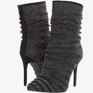 Penny Loves Kenny black rhinestone mid calf heeled boots
